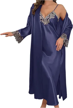 Nightgown and Robe Set for Women Floral Lace V Neck Nightgown Soft Kimono Robe Satin Sleepwear 2 Piece Pajama Sets