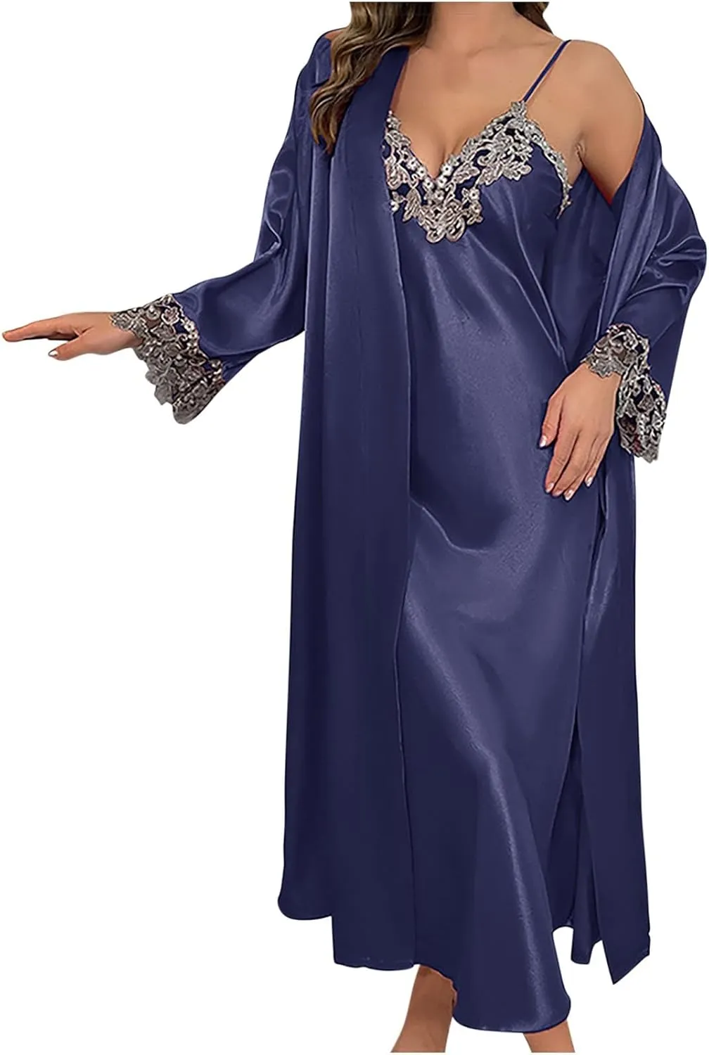 Nightgown and Robe Set for Women Floral Lace V Neck Nightgown Soft Kimono Robe Satin Sleepwear 2 Piece Pajama Sets