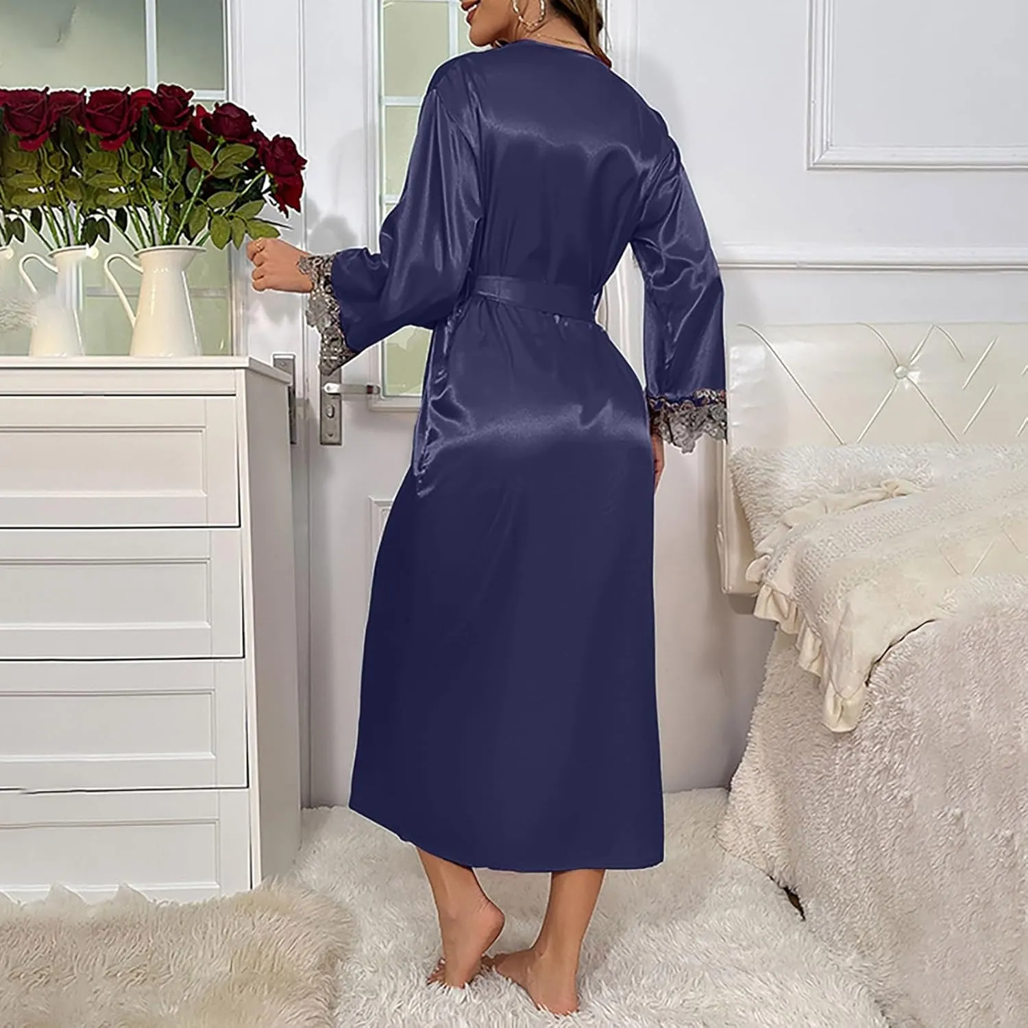 Nightgown and Robe Set for Women Floral Lace V Neck Nightgown Soft Kimono Robe Satin Sleepwear 2 Piece Pajama Sets