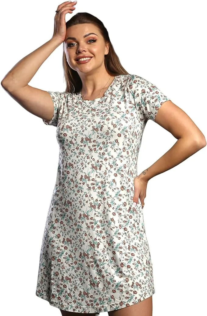 Nightgown for Women | Printed Half Sleeves Viscose Short Nightgown