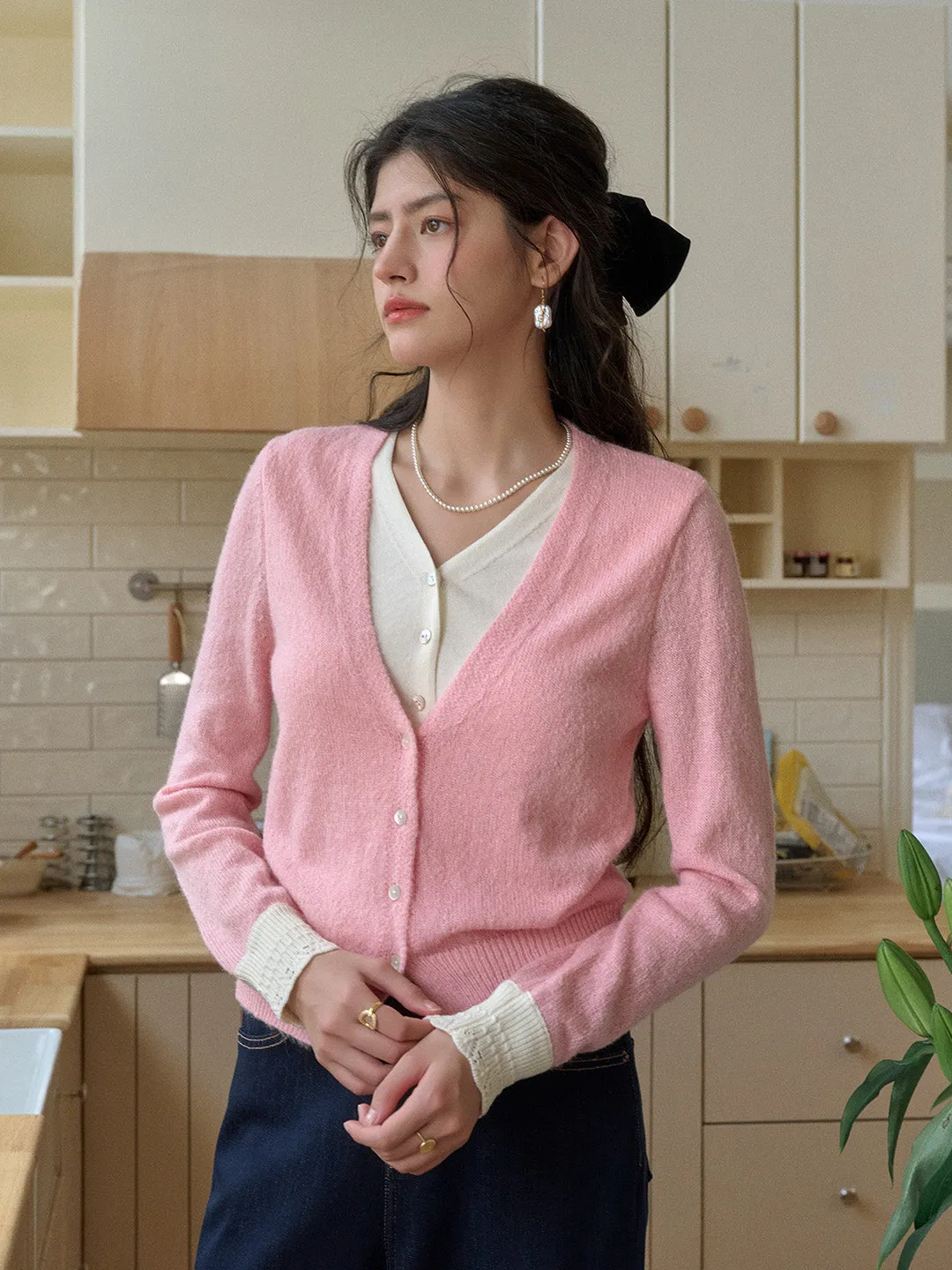 Madeleine V-Neck Faux Layered Wool Top ButterSoft Handfeel AbrasionResistant Fabric