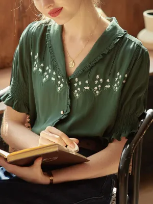 Convallaria Floral Embroidered Puff Top Hidden Ventilation Zones TaglessNecklineComfort