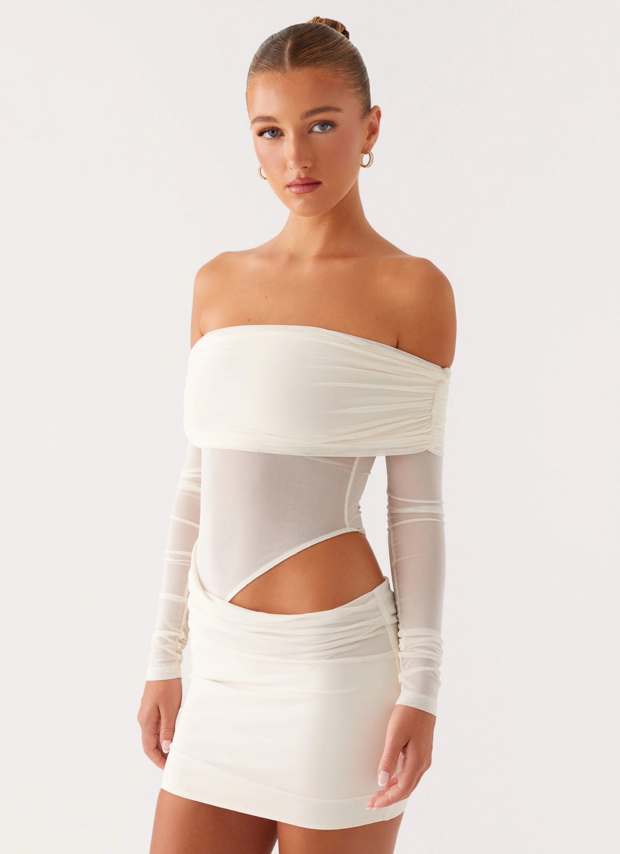 No Doubt Mini Dress - Ivory Patchwork Design Outfit Essence
