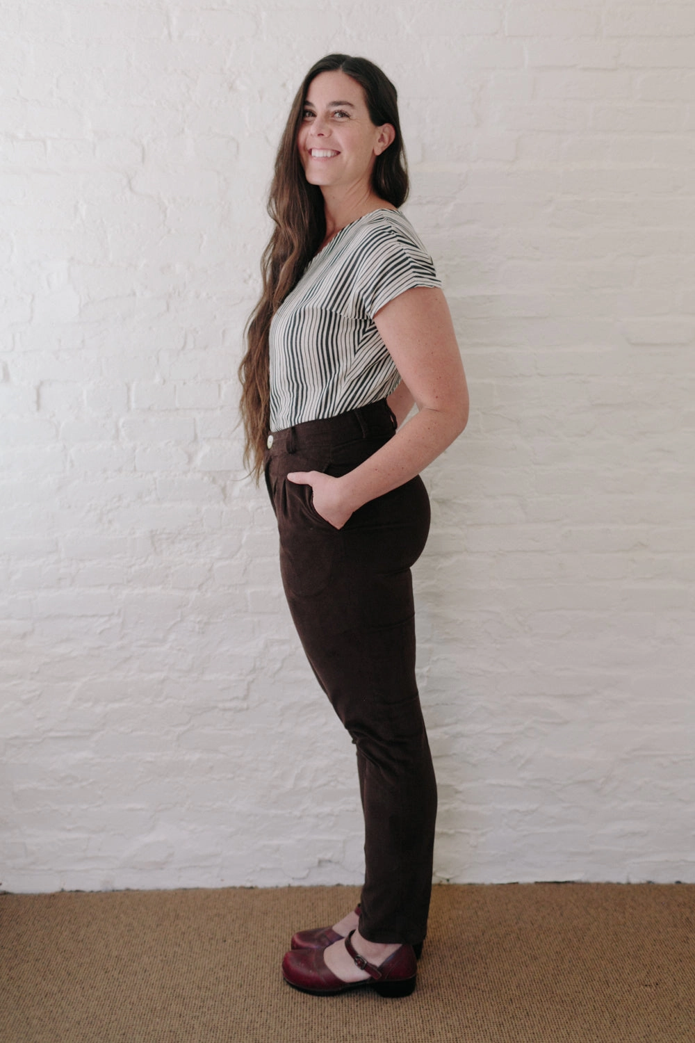 Long Perfect Pant in Brown Corduroy ElasticWaist Easy Flex Design