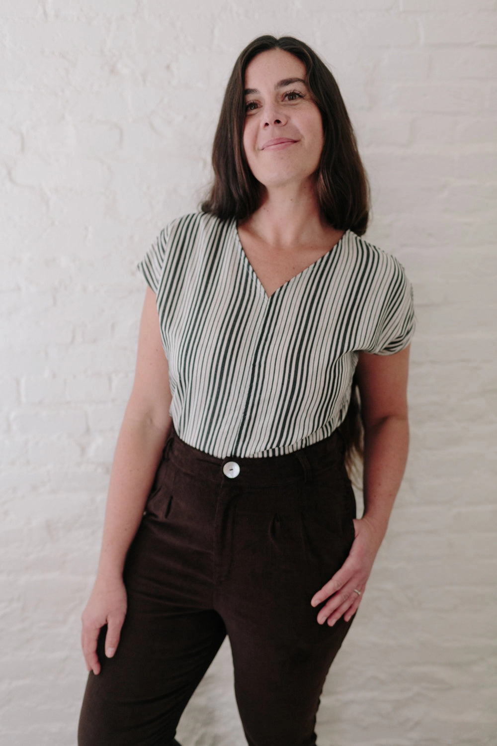 Layered Look Long Perfect Pant in Brown Corduroy