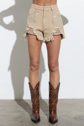 Tailored Cut TemperatureRegulating Presley Rhinestone Denim Shorts- Taupe