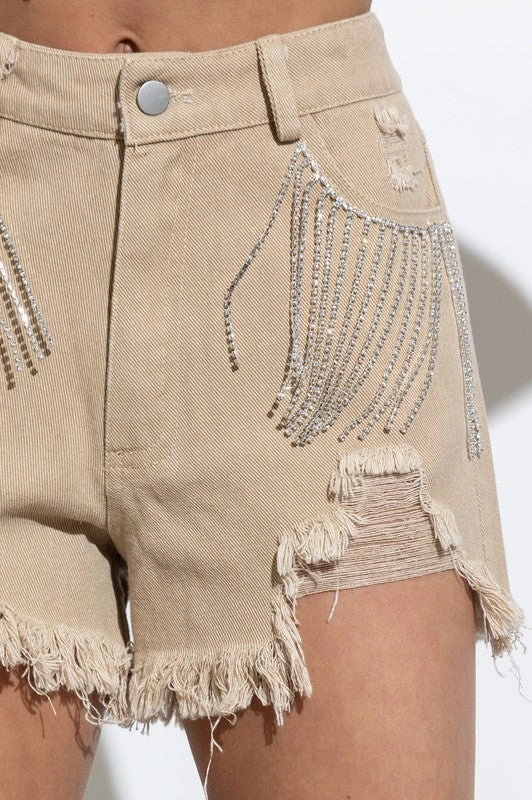 Presley Rhinestone Denim Shorts- Taupe Light Fit