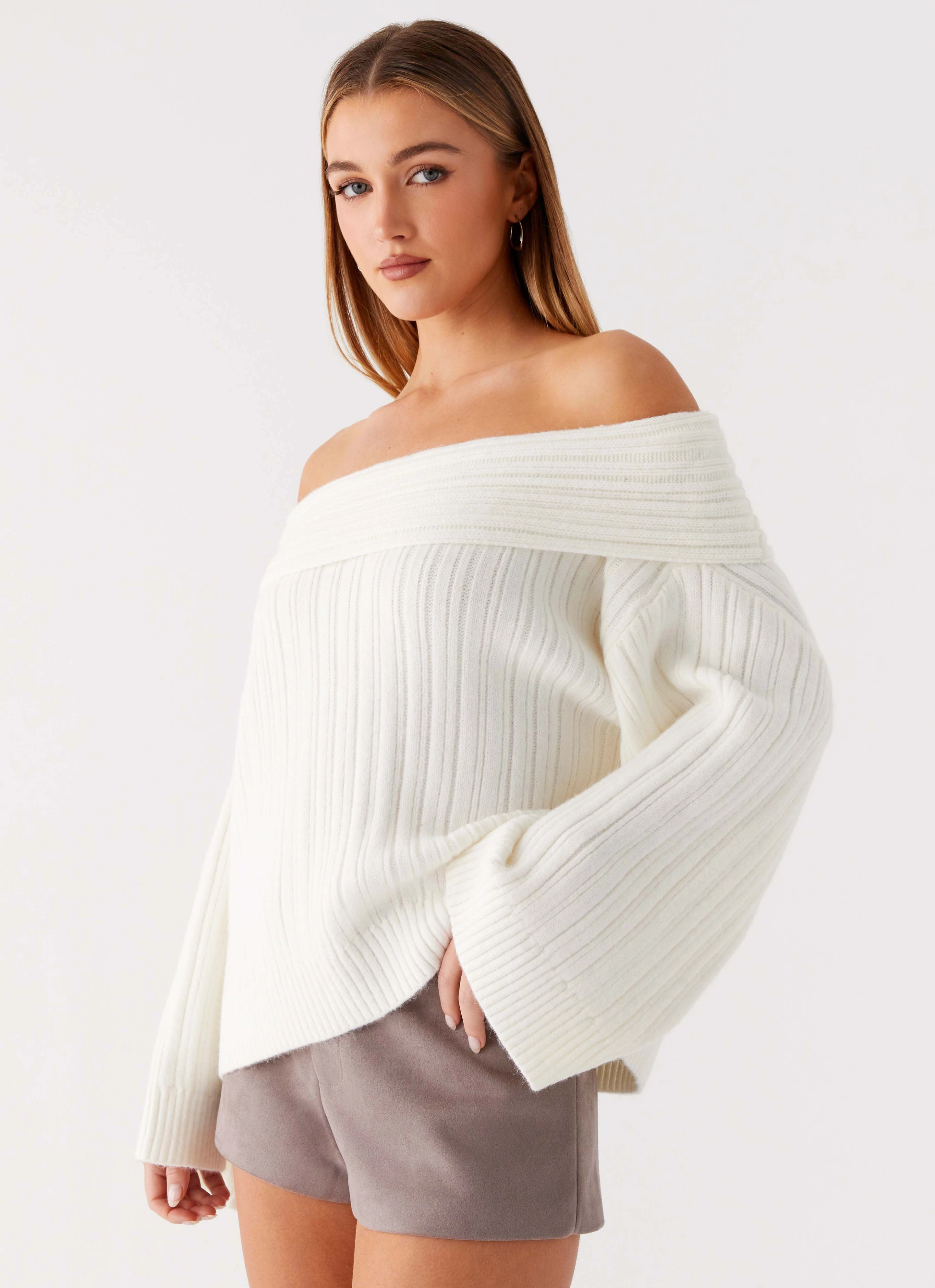 Federica Off Shoulder Knit - White Contrast Stitch