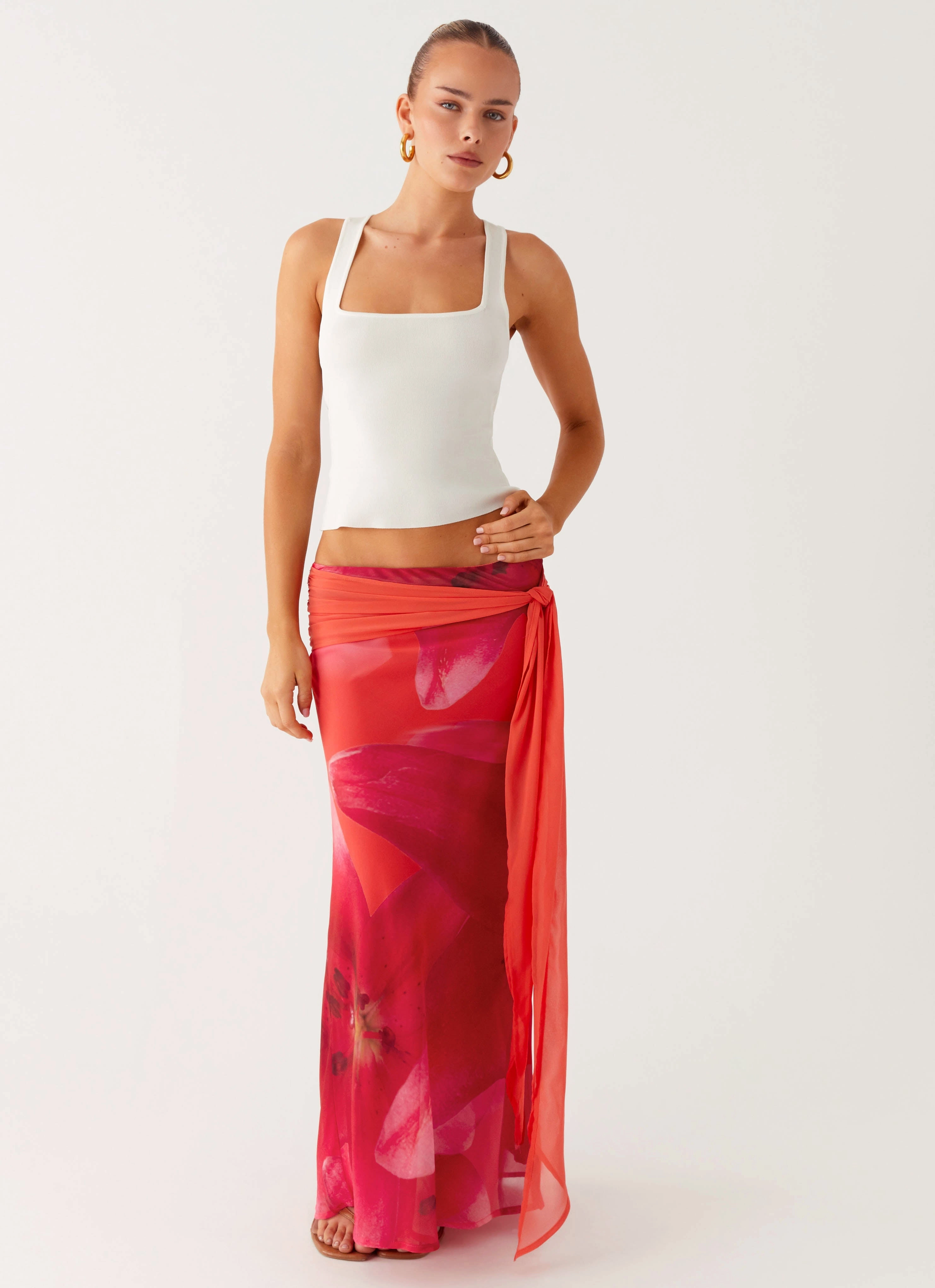 Raya Maxi Skirt - Peach Watermelon Flower Draped Design Light Wear