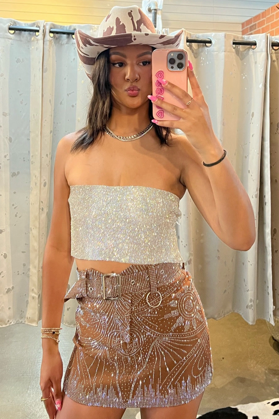 Polished Fit She's All That Rhinestone Skirt - Brown Light Motion Dust Proof Fabric