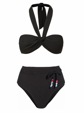 Stackable Packing Relaxing Swimwear Loryn Swim Top   Belted Hi Waist Hi Leg Bottom Black Texture