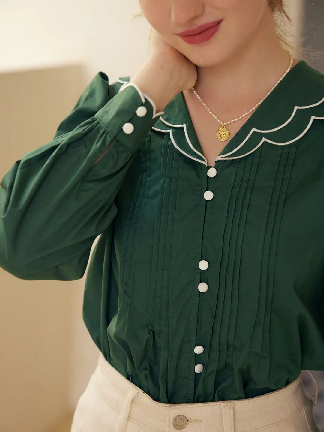 Estelle V-neck Pleated Cotton Blouse NonFade Dye FadeResistantTechnology