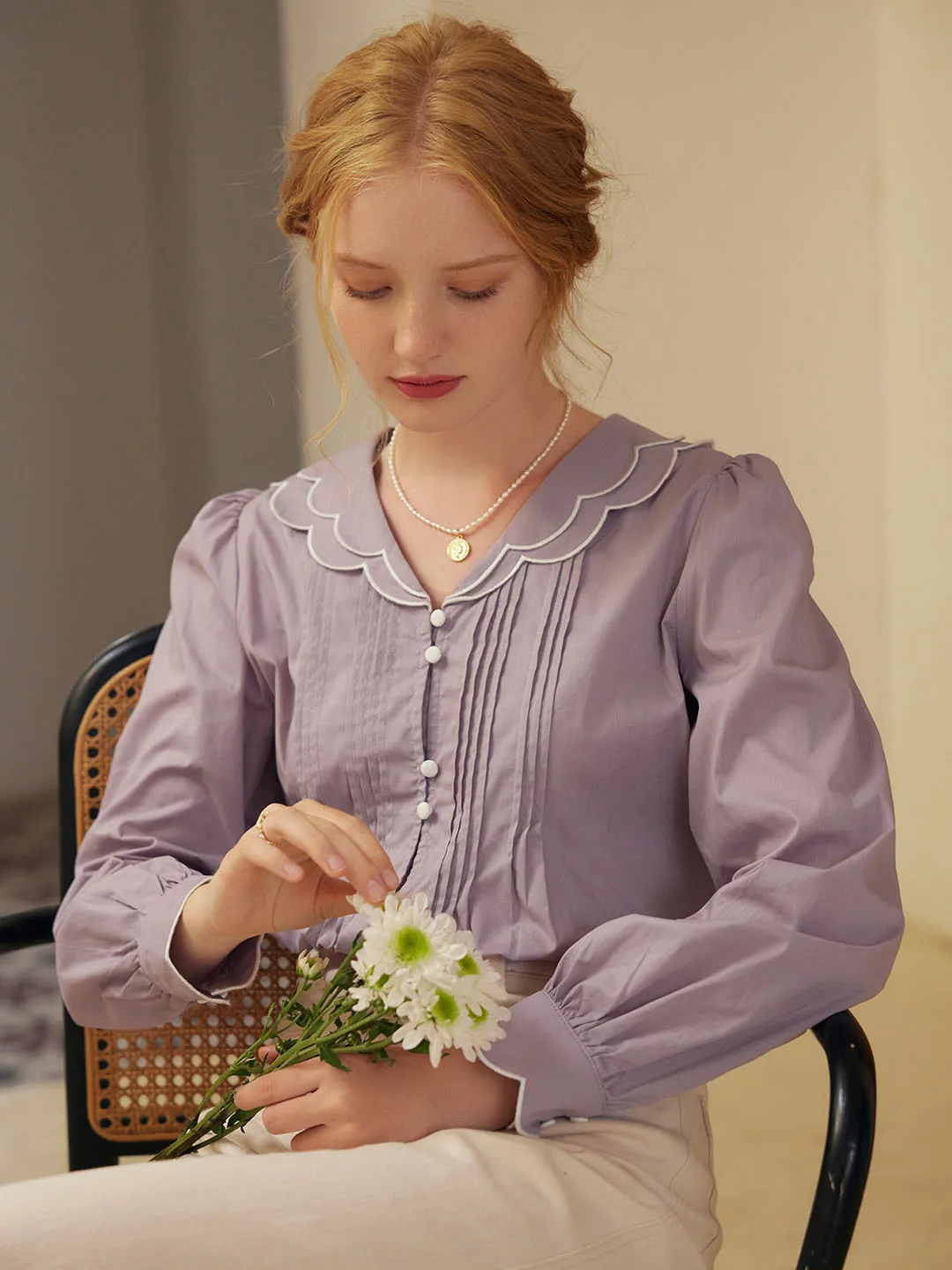 CrewNeck Estelle V-neck Pleated Cotton Blouse
