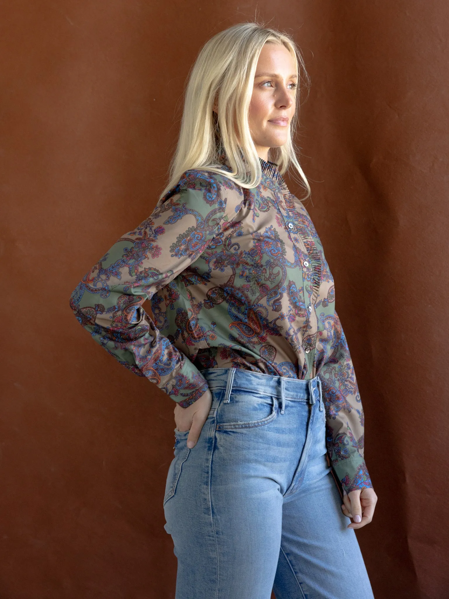 Reinforced Shoulder Paisley Ruffle Blouse