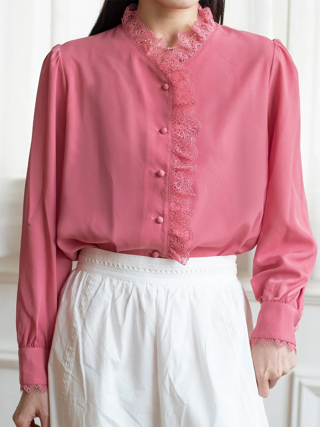 RecycledPolyesterBlend Hanna Puff Sleeve Pink Lace Blouse