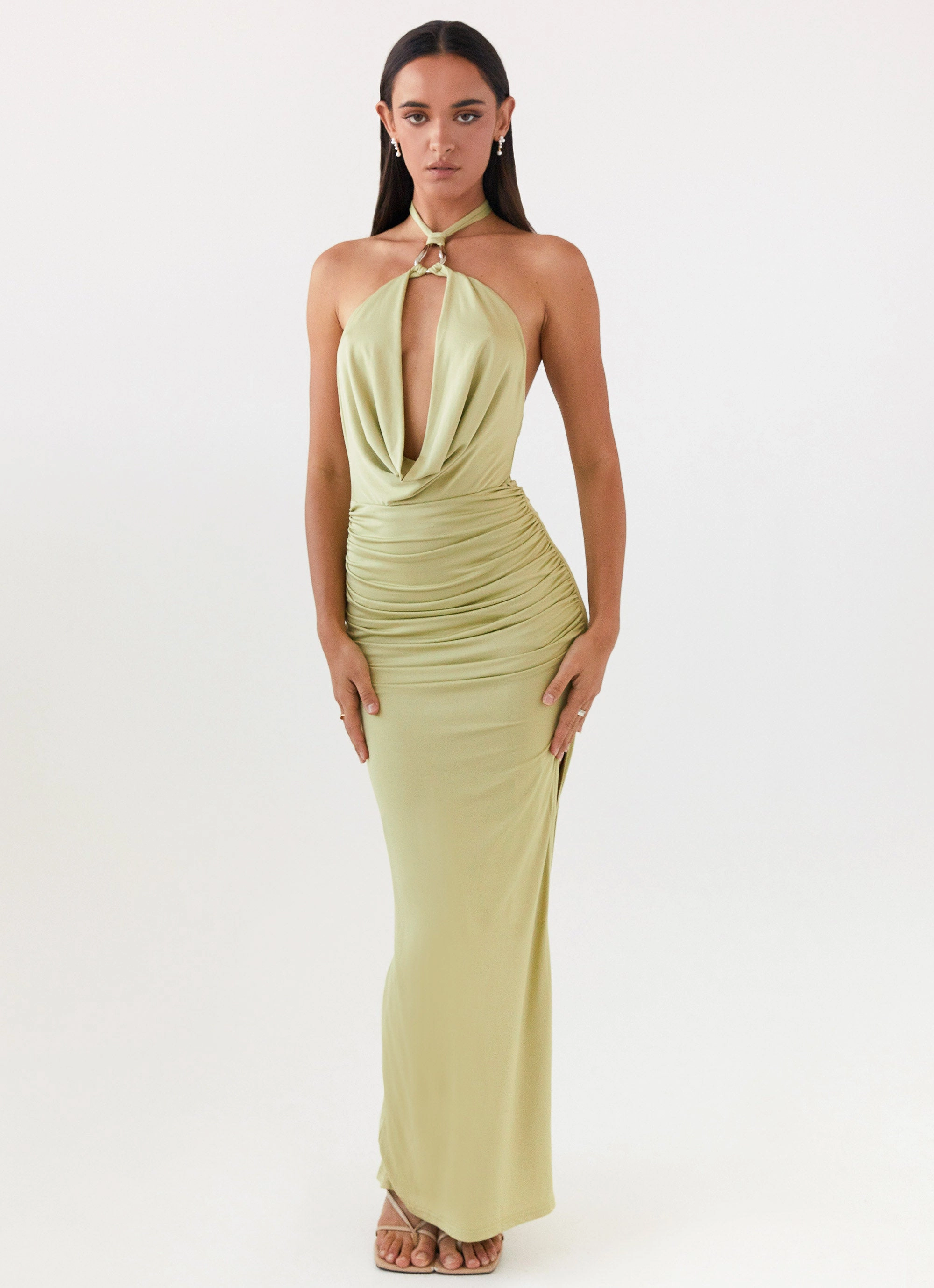 Samara Halterneck Maxi Dress - Sage Refined Line Gemstone-Detail