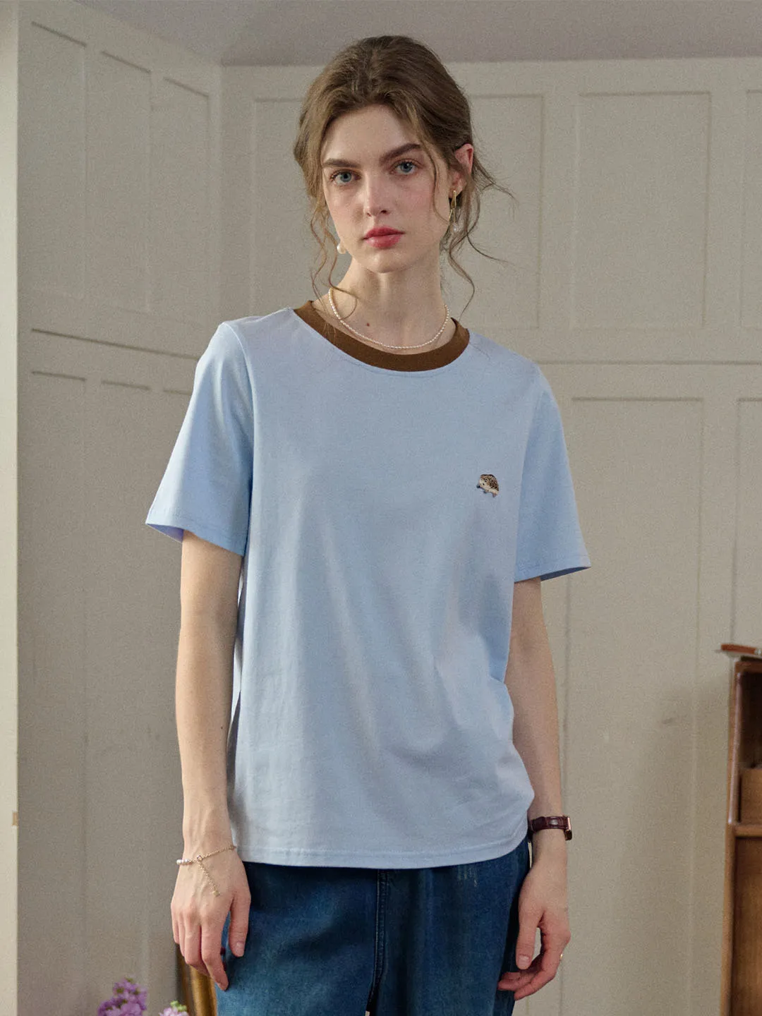 QuickDryConstruction Thermal Insulation Tech (Add-on Item) Annalise Contrasting Color Crew Neck SR Exclusive Design Embroidered Logo Cotton T-shirt