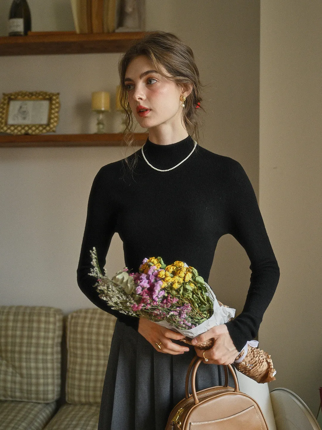Erin 100% Wool Simple Mock Neck Slim Fit Sweater - Black MoistureWickingTechnology