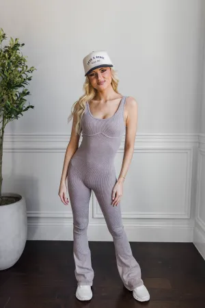 Drop Shoulder Ribbed Flare Jumpsuit- Ash