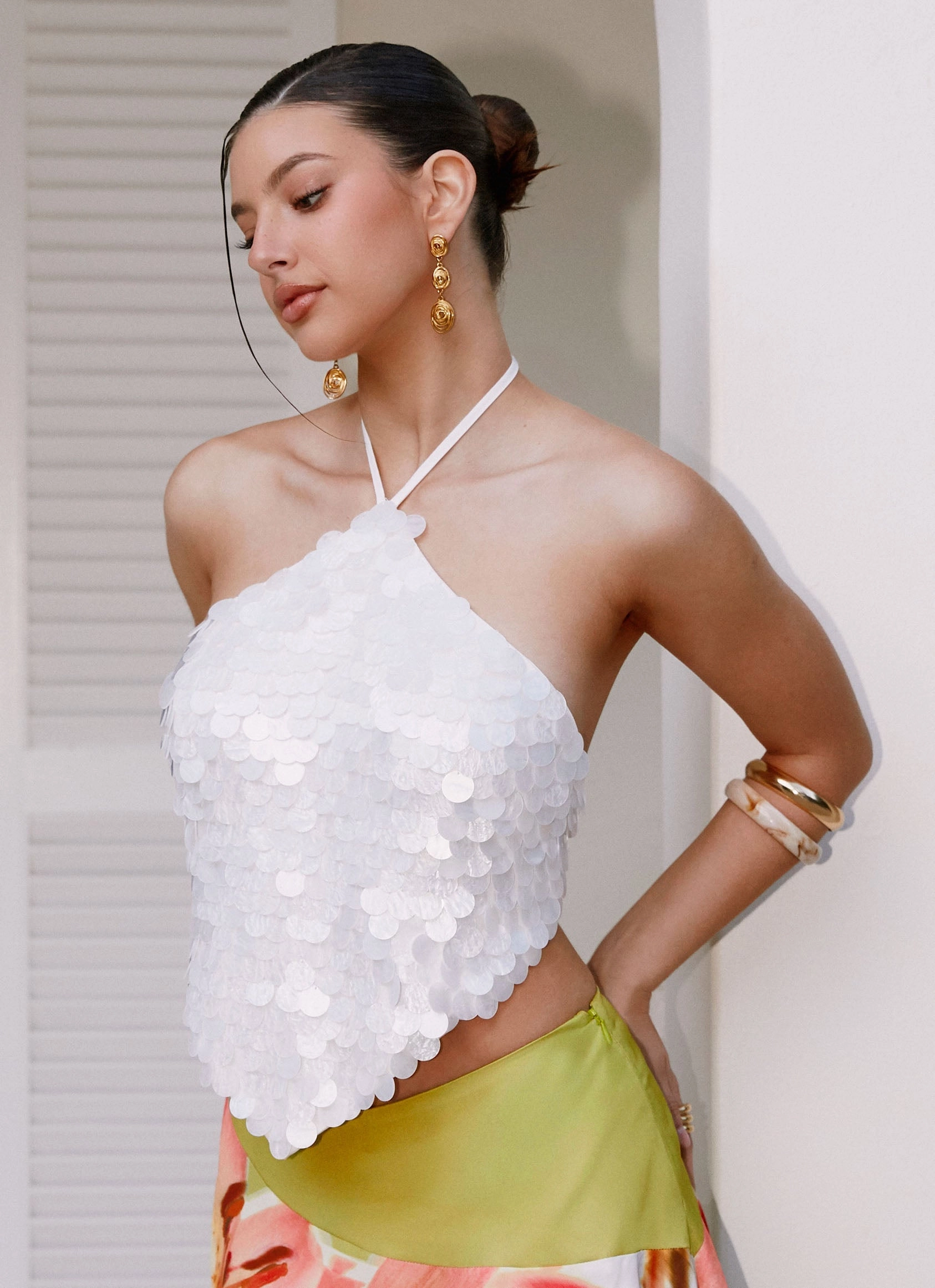 BrushedInnerSurface Tijana Beaded Halter Top - Ivory