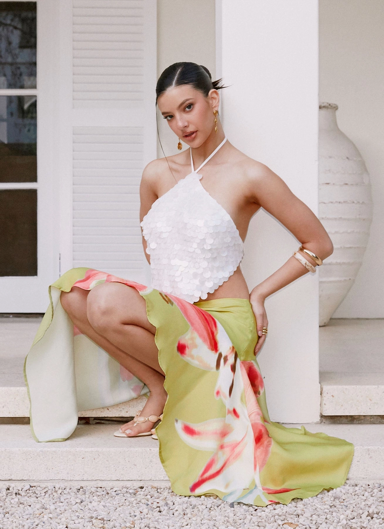 Tijana Beaded Halter Top - Ivory MultiFunctionalPockets VentilatedArmholes