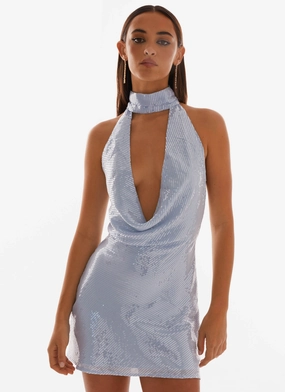 Glossy Texture Nora Sequin Cowl Neck Mini Dress - Blue