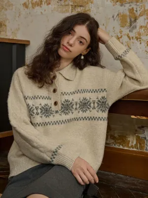 Tubular Body Construction Ventilation Panel Norah Snowflake Jacquard Polo Fair Isle Knit Sweater-Grey