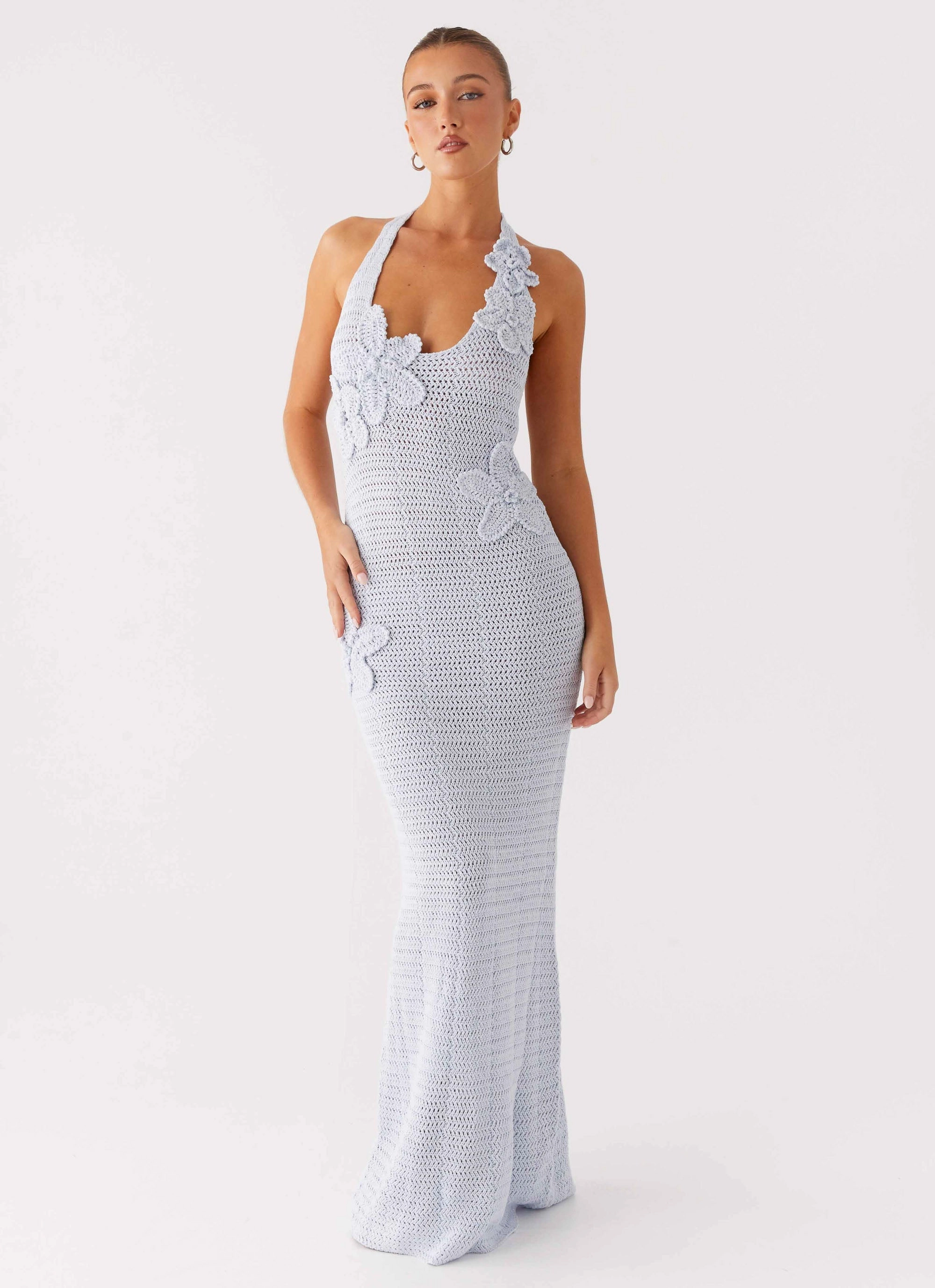 Evening Event Day Chic Novalee Flower Crochet Maxi Dress - Blue
