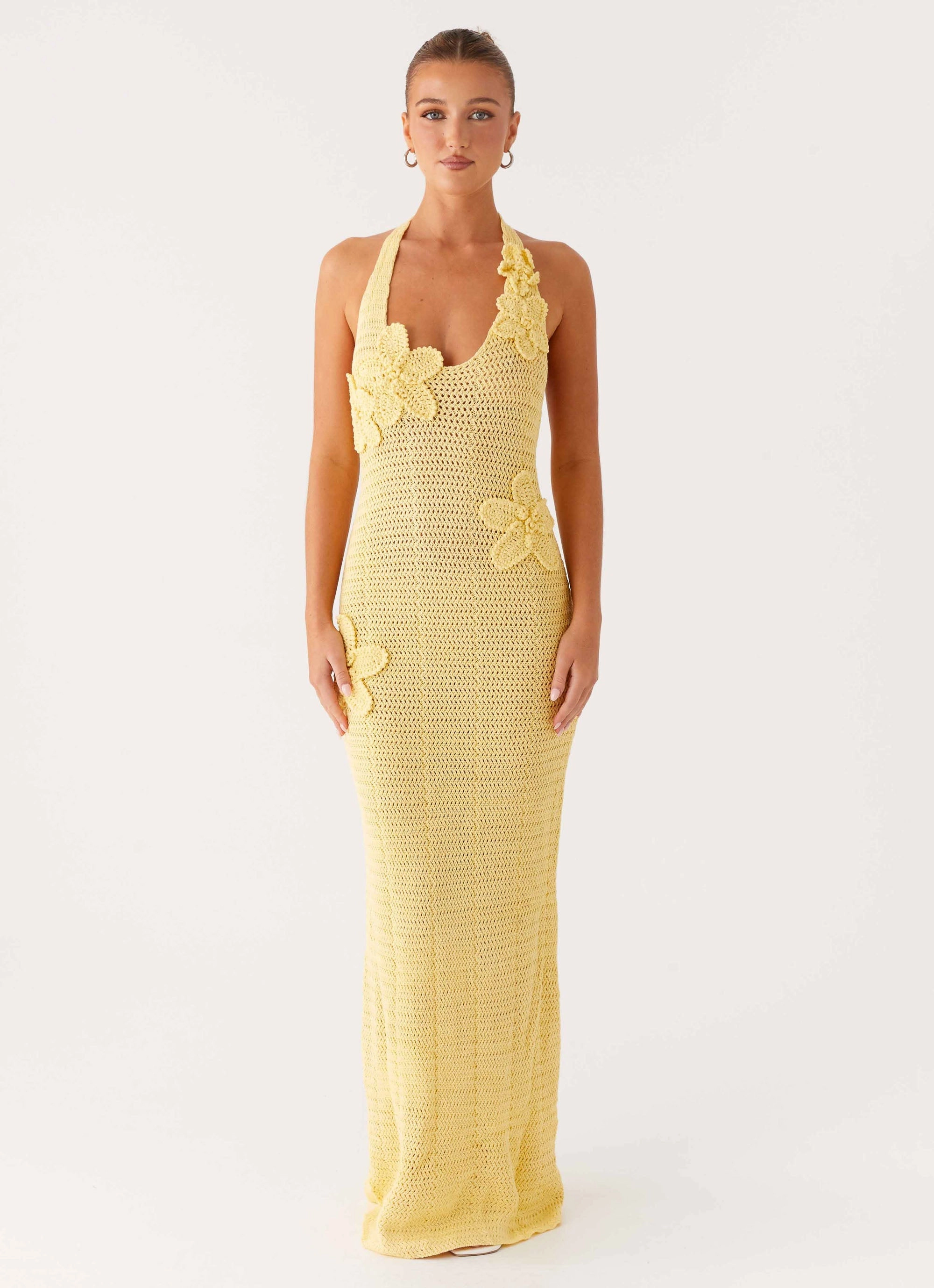 Layered Design Layering Piece Novalee Flower Crochet Maxi Dress - Yellow