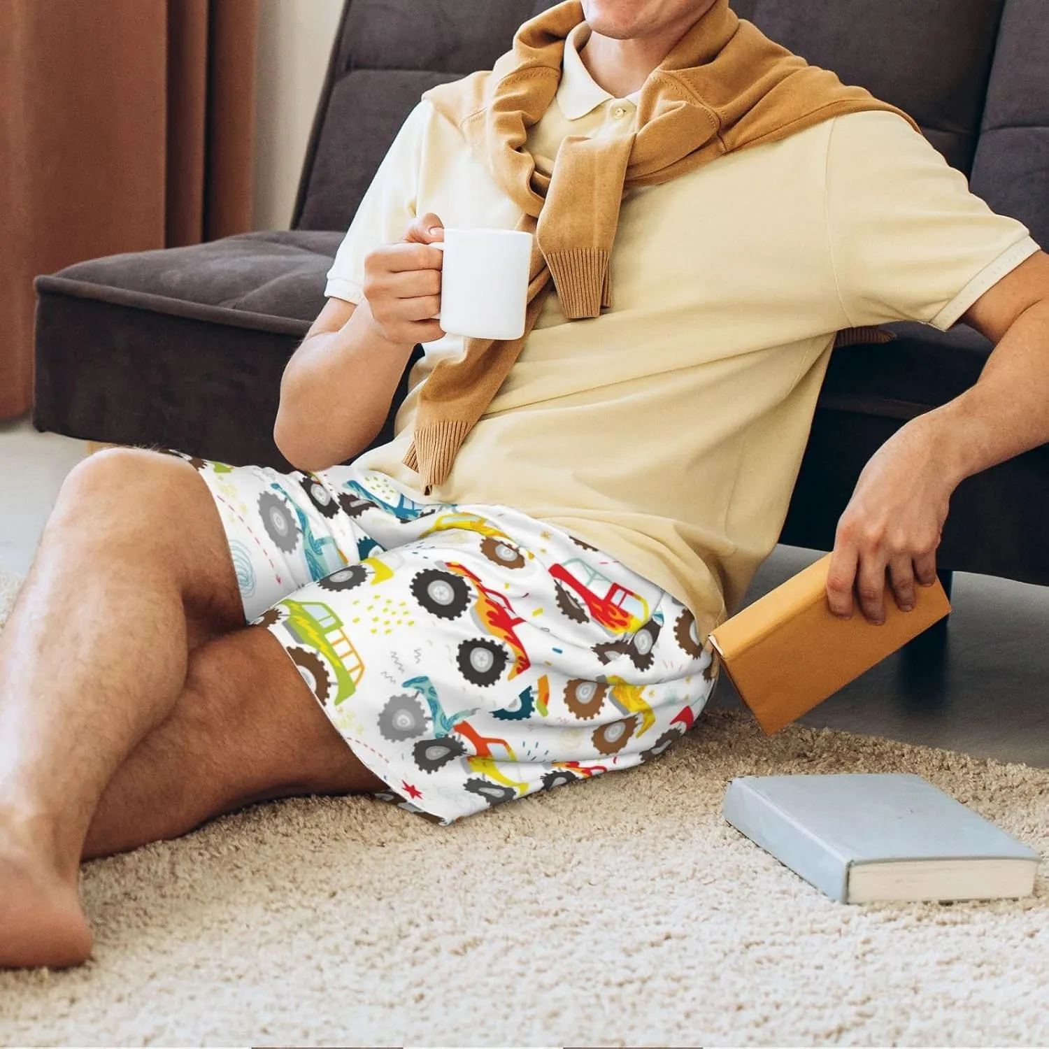 Novastar Mens Pajama Pants - Cartoon Monster Trucks Sleep Comfy Shorts Men Pajama Shorts, Pj Pants for Mens Lounge Shorts