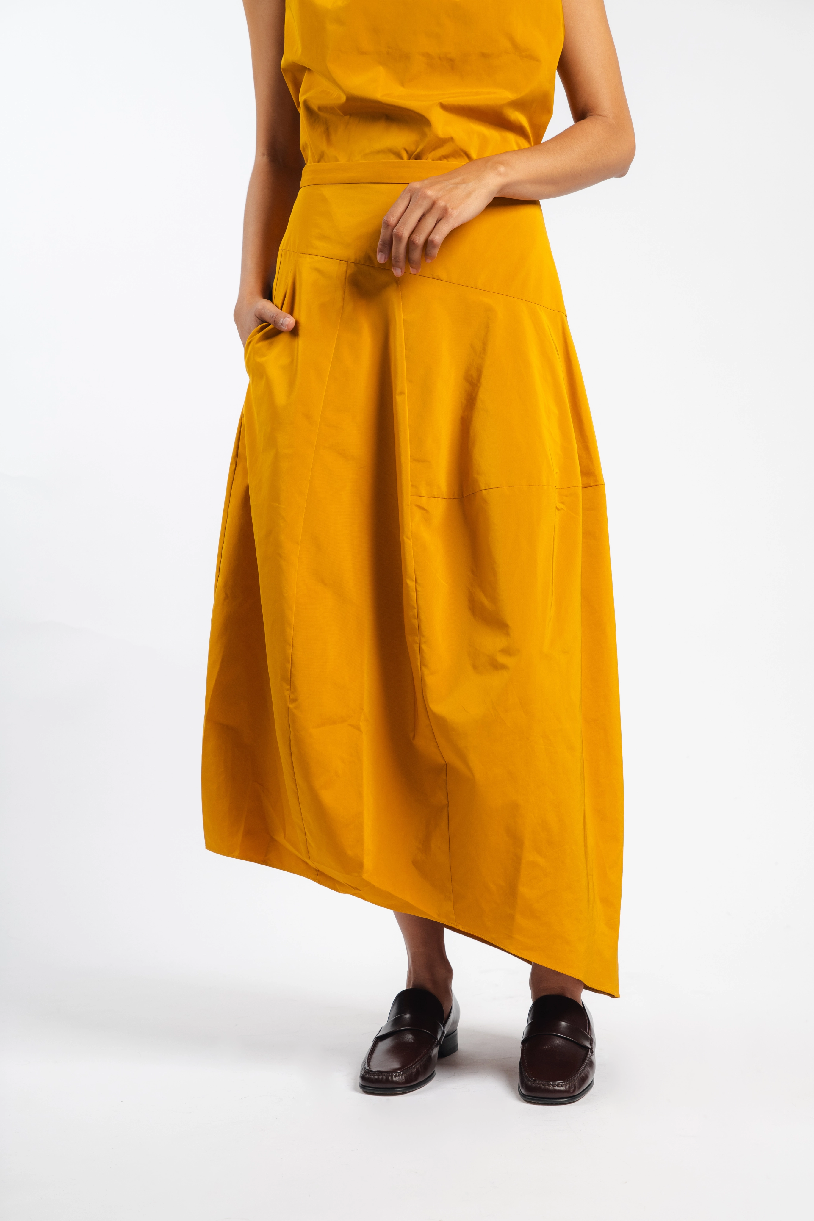 Seamless Finish button detail Nylon Asymmetrical Balloon Skirt