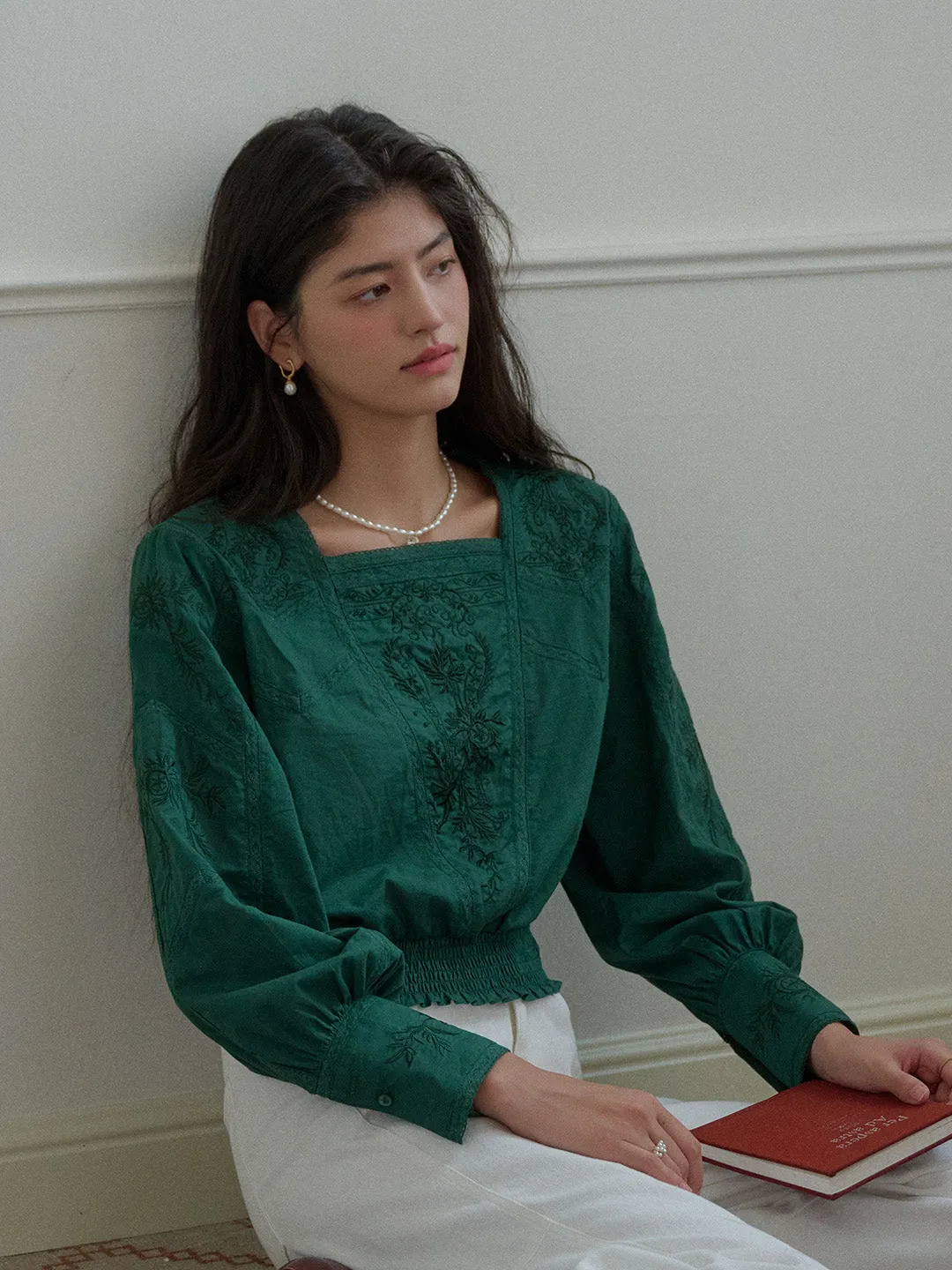 WrinkleFree Structure Oakley Square Neck Embroidery 100% Cotton Blouse