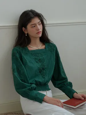 WrinkleFree Structure Oakley Square Neck Embroidery 100% Cotton Blouse