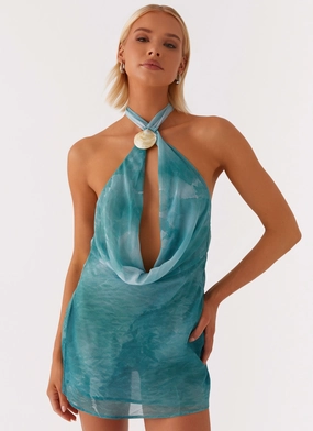 Oceans Away Deep Cowl Mini Dress - Green Tie Dye Smooth Cut Laid Back Look
