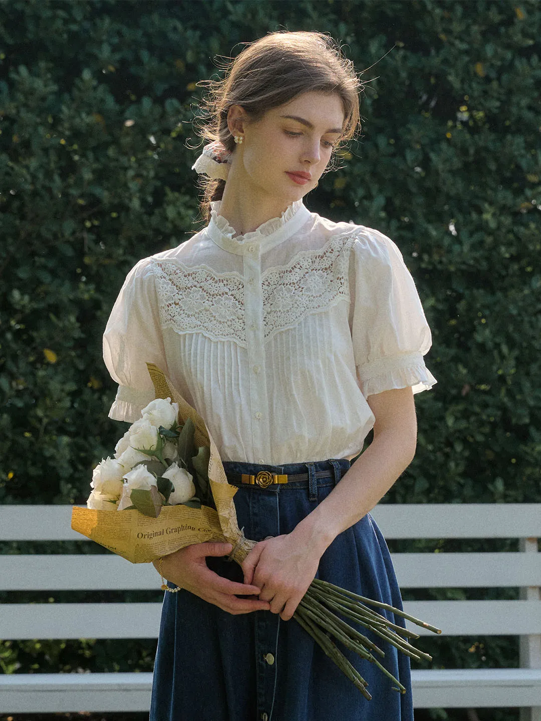 Octavia Mock Neck Hollow Lace Patchwork Puff Sleeve Blouse Layered Panel Design