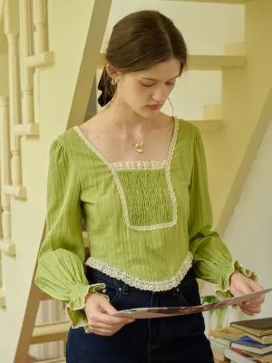??Final Sale??August Square Collar Trimmed Pleated Cotton Blouse ElasticEdgeBinding