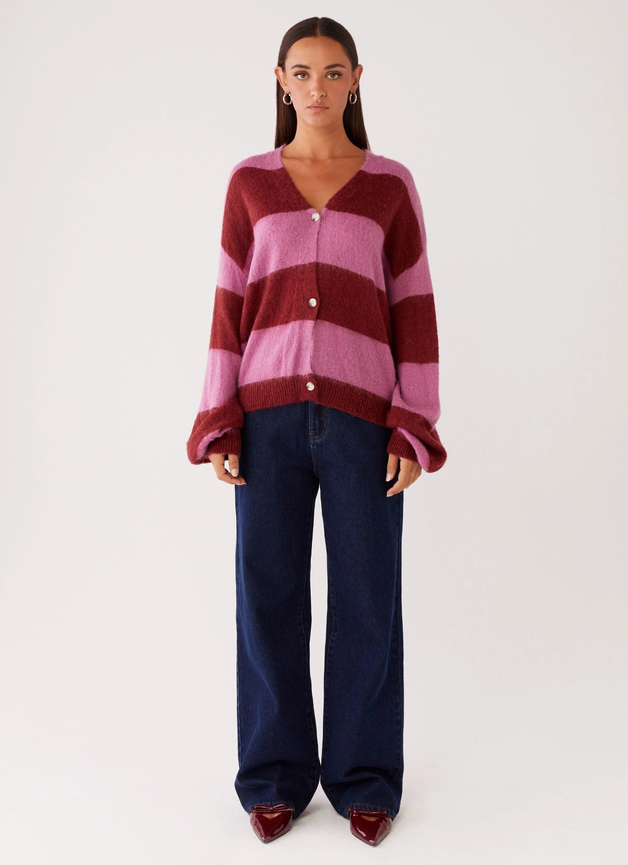 Flexible Elbow Patches Ainslee Oversized Knit Cardigan - Red Pink Stripe
