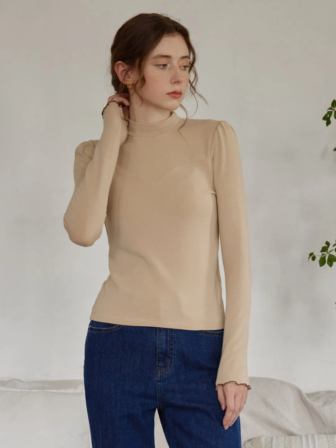 Jelena High Collar Khaki Knit Top ButterSoftTexture