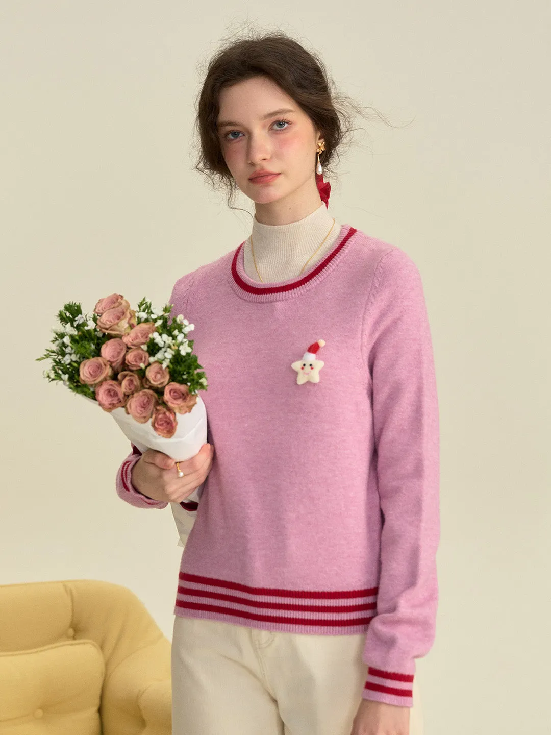 ??Final Sale??Gisella Round Neck Christmas Sweater Ribbed Collar Design Wide Shoulder Cut