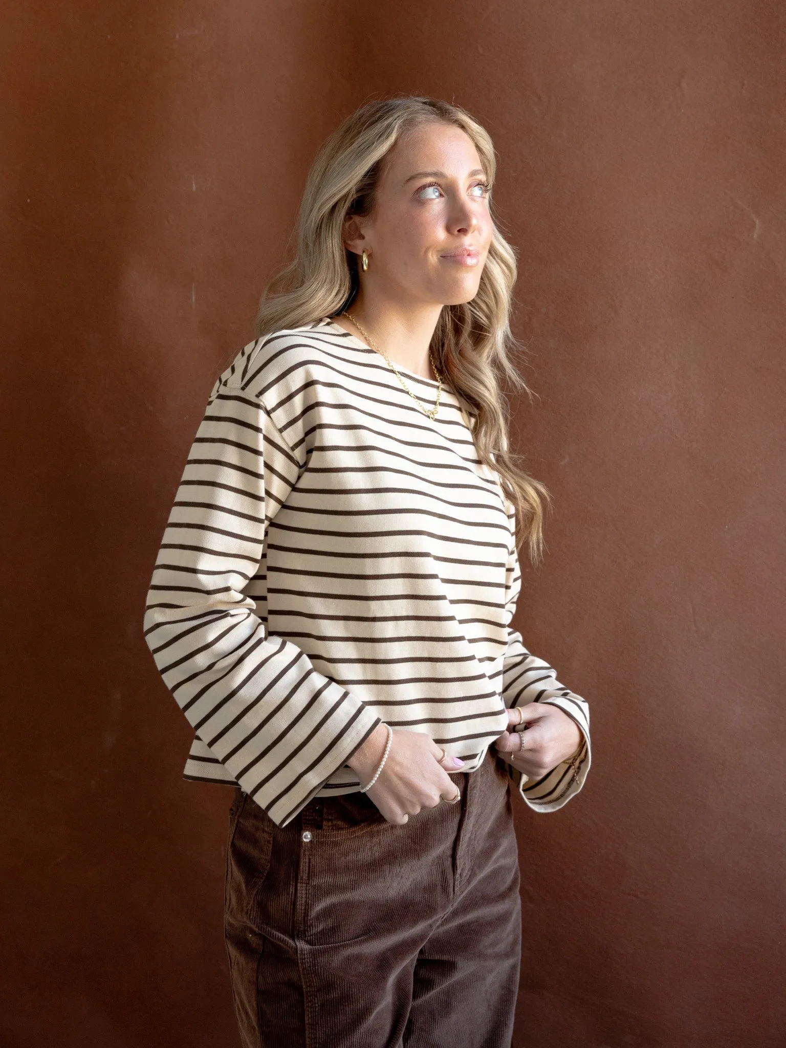 Placket Detailing AntiStaticInnerLining Shelly Striped Top Brown