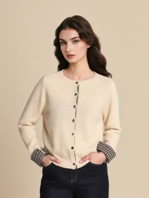 Ariyah Round Neck Plaid 100% Wool Cardigan stain resistant coating Non Iron Fabric