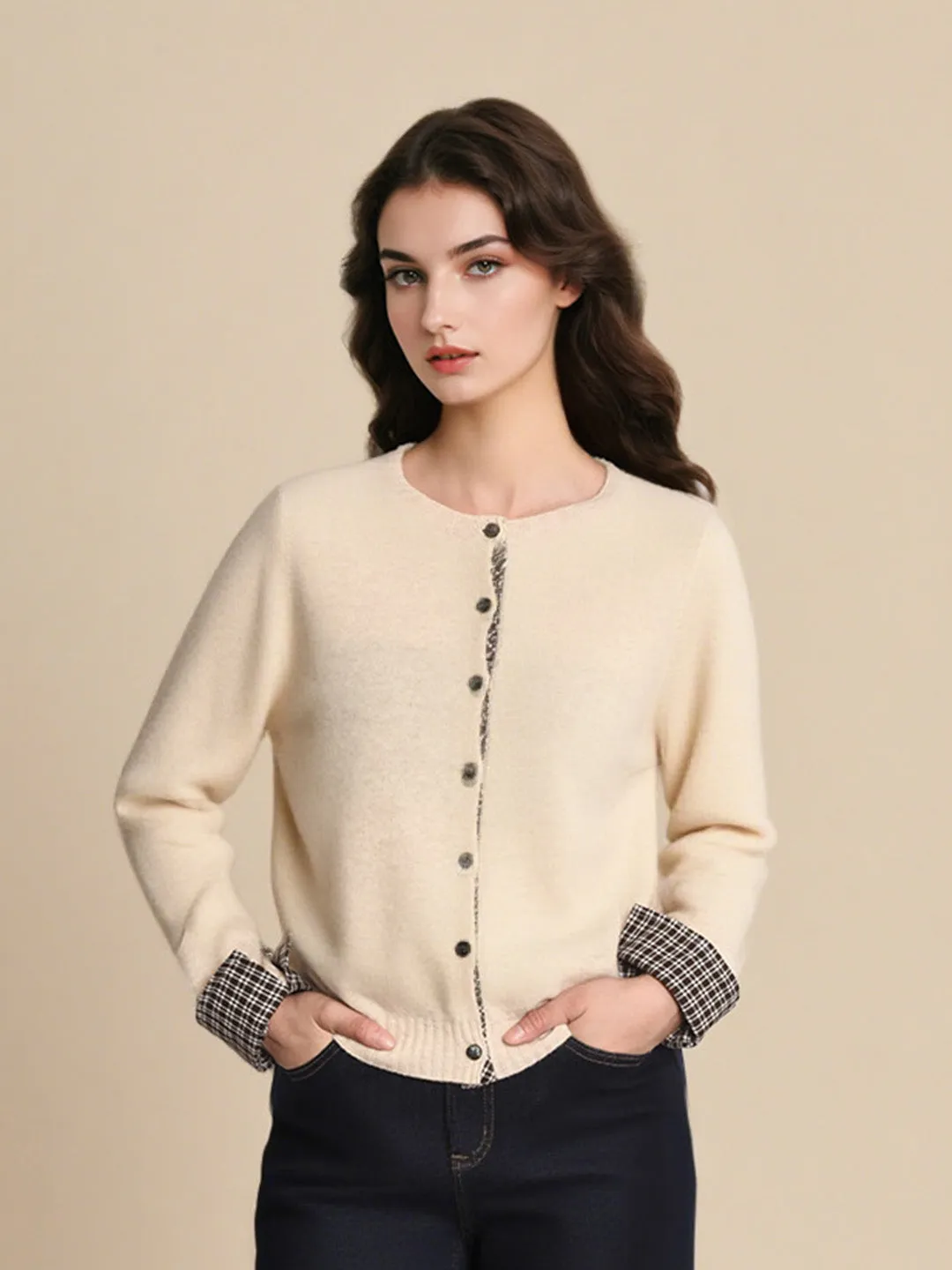 Ariyah Round Neck Plaid 100% Wool Cardigan stain resistant coating Non Iron Fabric