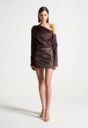 Off Shoulder Draped Satin Mini Dress with Belt - Brown Anti-bacterial