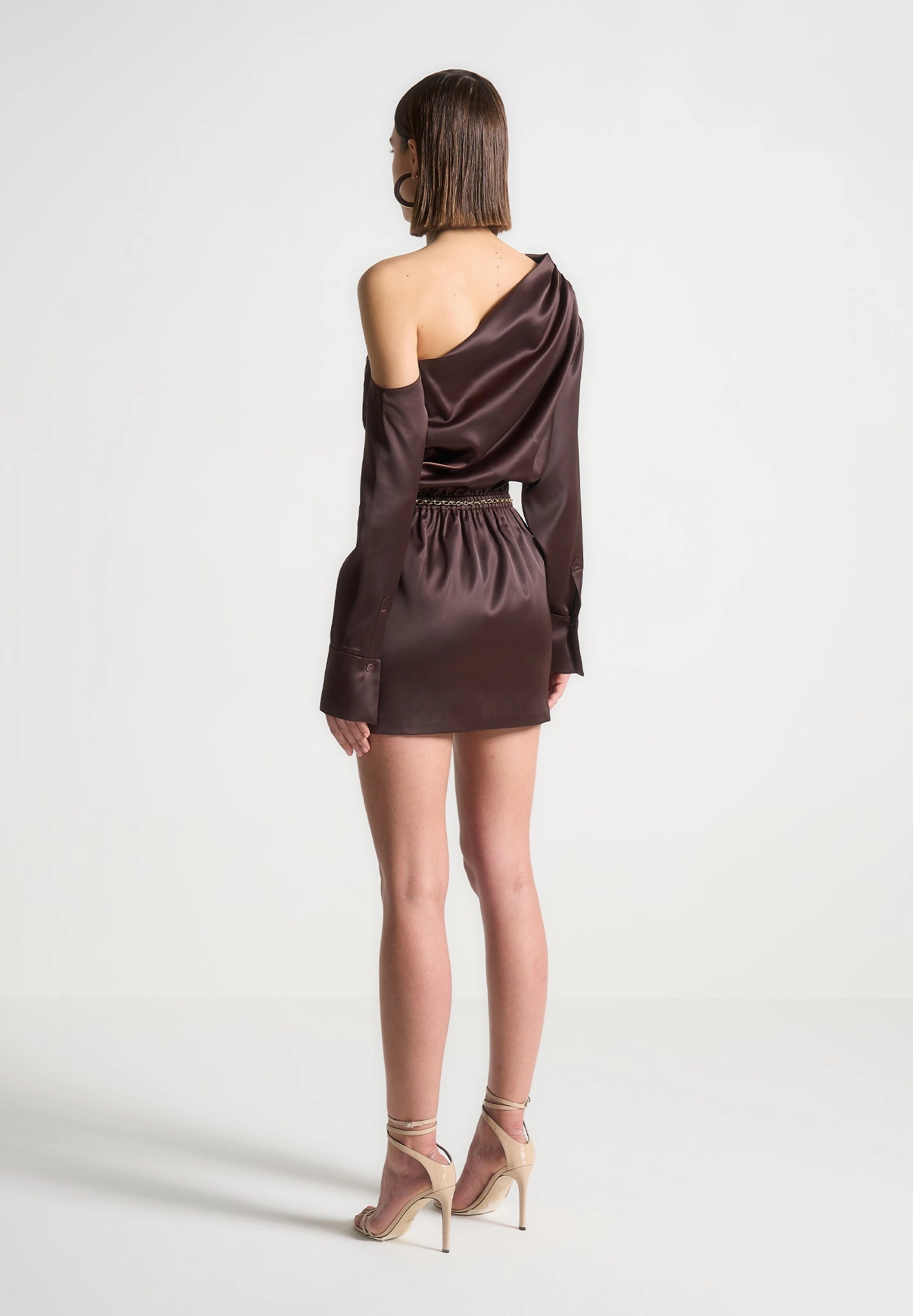 Short Sleeve Move Free Off Shoulder Draped Satin Mini Dress with Belt - Brown