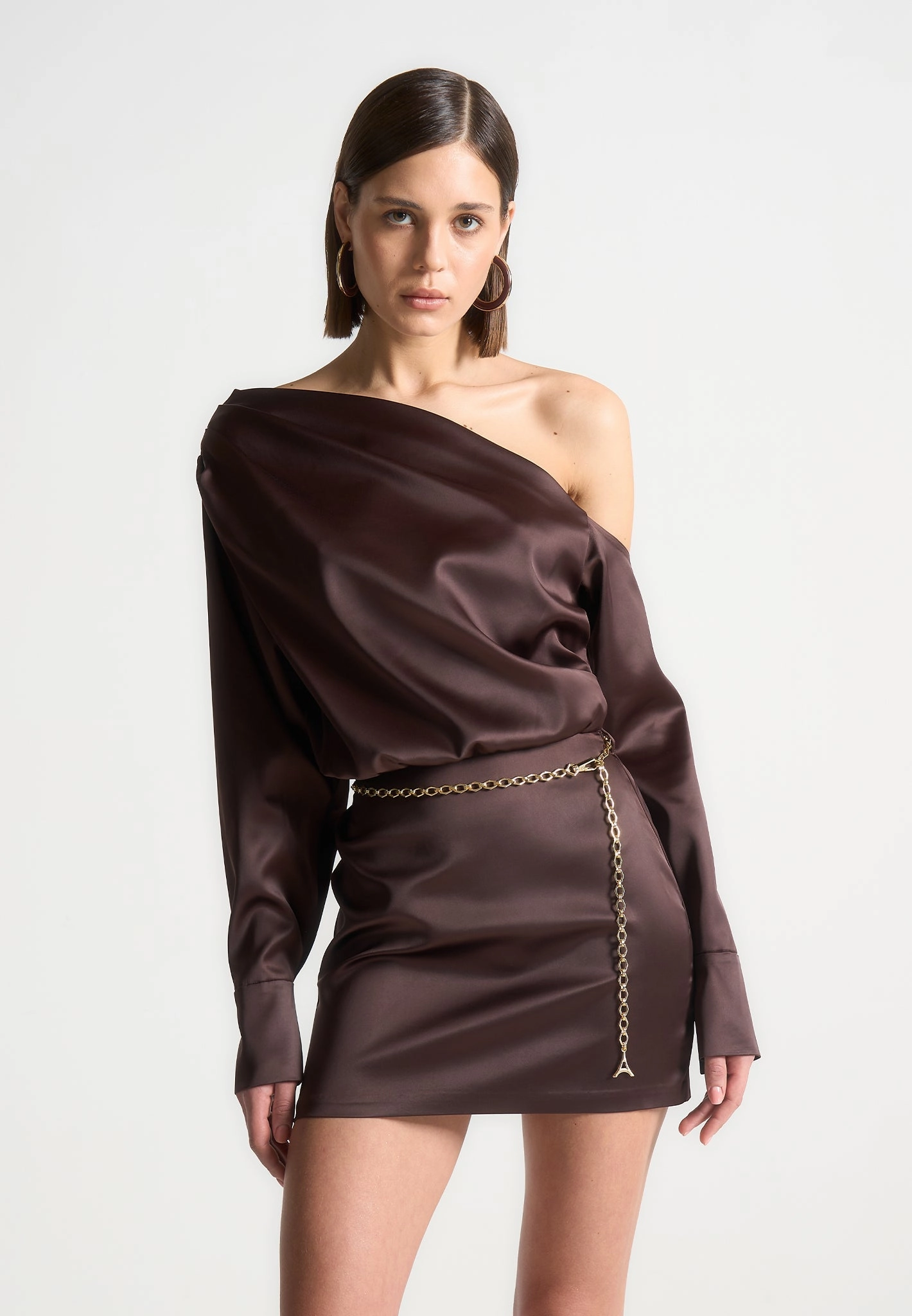 Off Shoulder Draped Satin Mini Dress with Belt - Brown Easy Comfort Look Comfy and Elegant