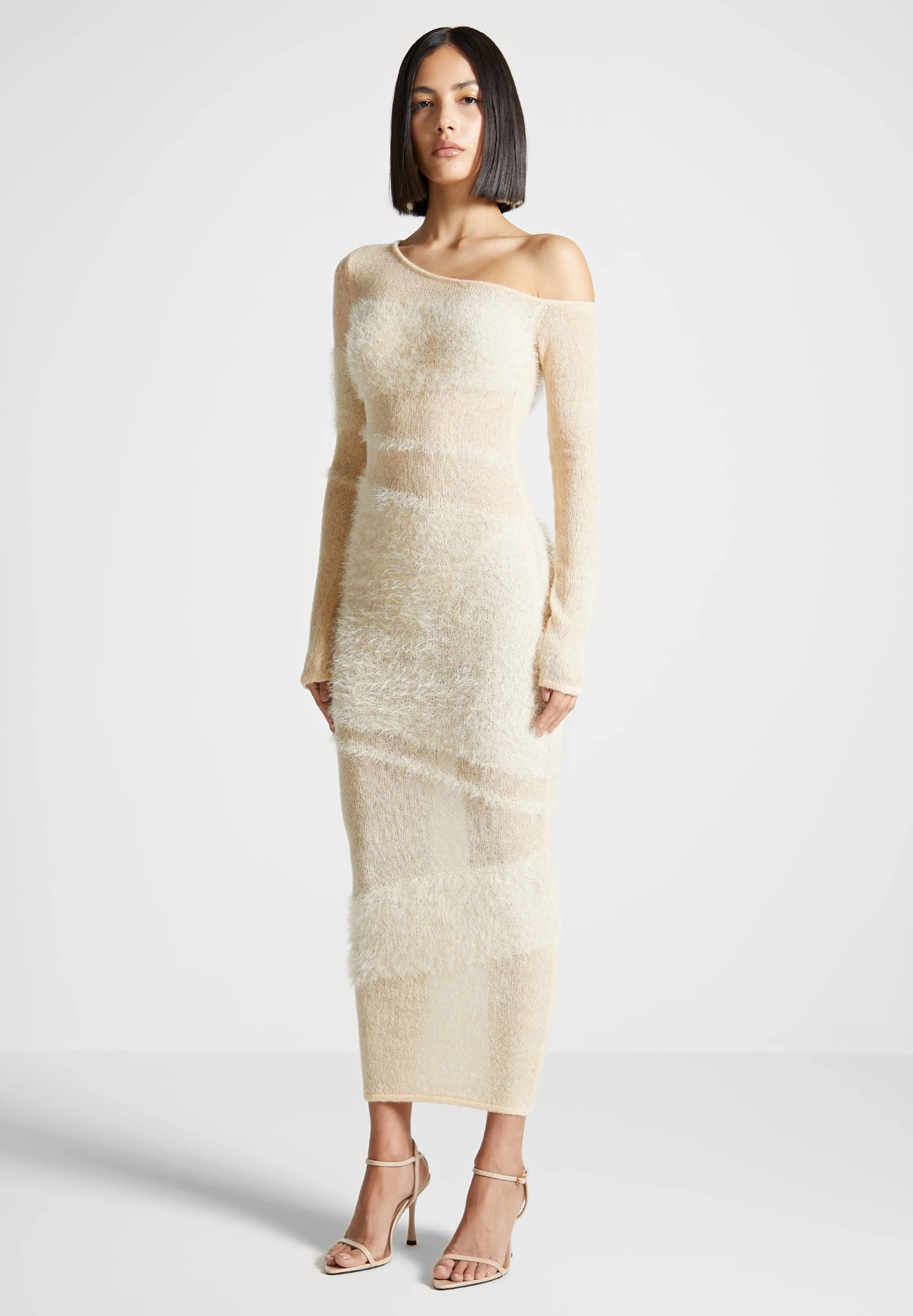 Off Shoulder Knitted Maxi Dress - Beige Soft Mesh museum visit