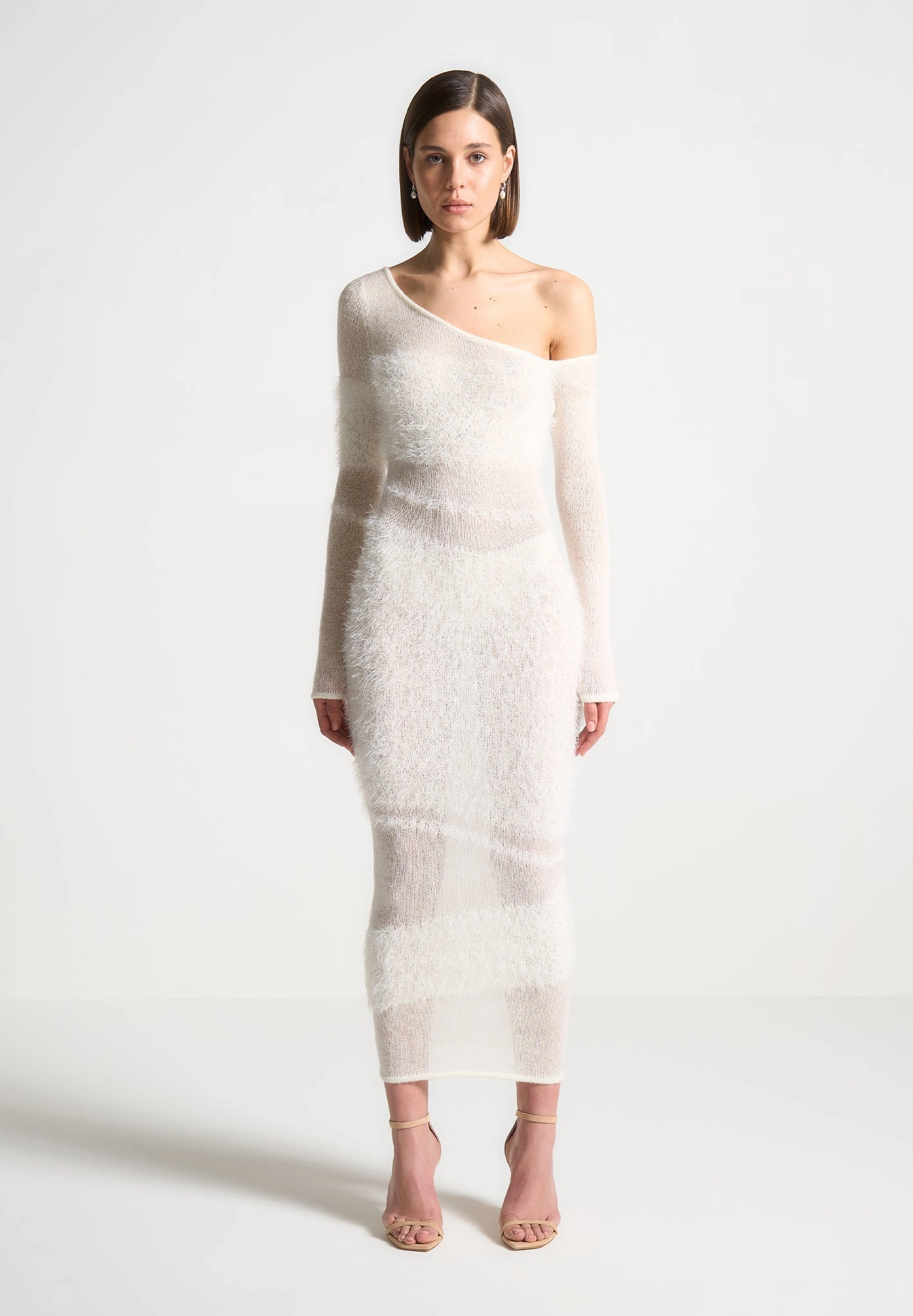 Off Shoulder Knitted Maxi Dress - Off White Pure Aesthetic