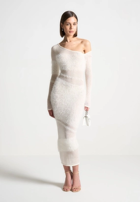 Bohemian-Style Layering Fit Off Shoulder Knitted Maxi Dress - Off White