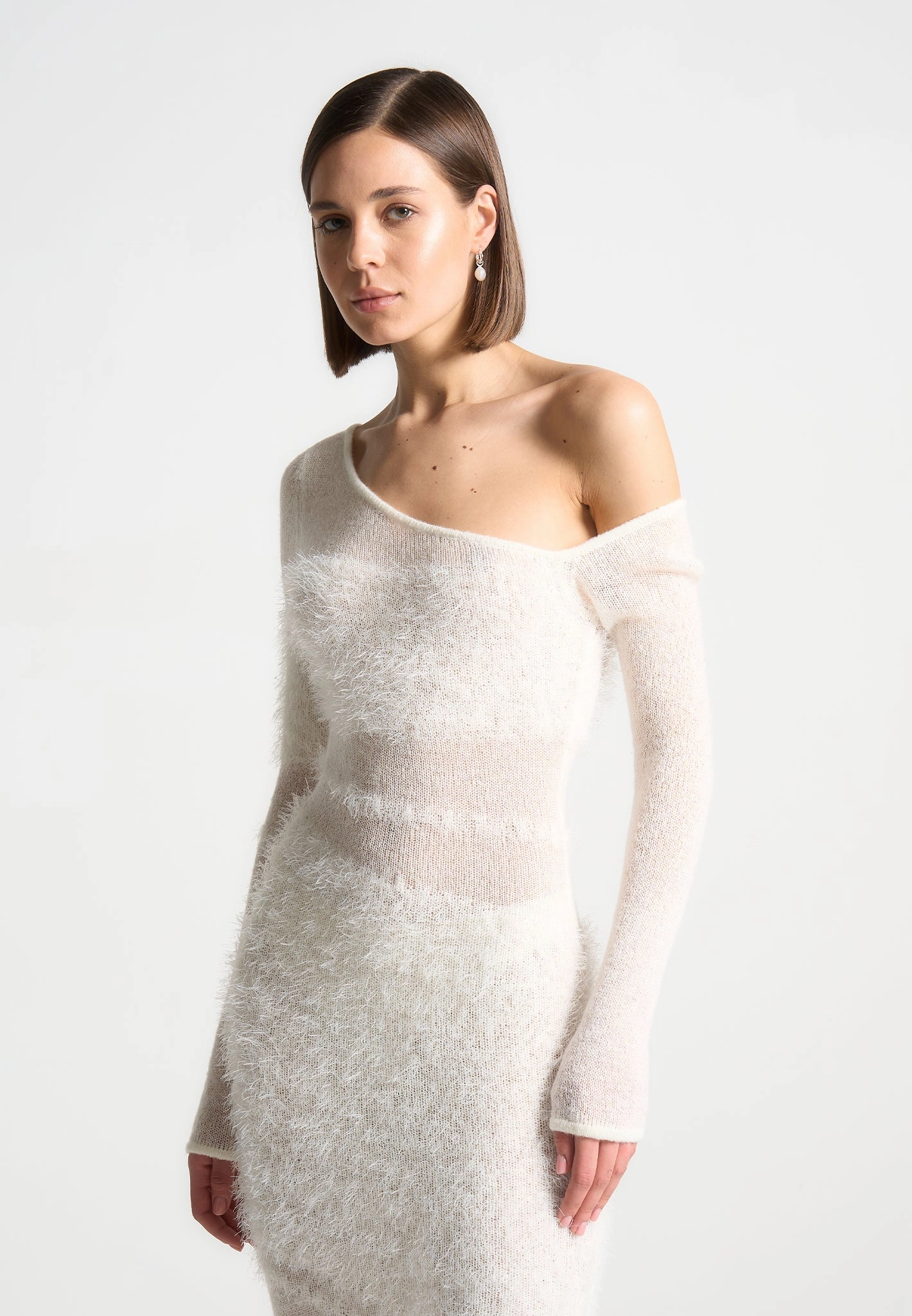 Off Shoulder Knitted Maxi Dress - Off White Smooth Blend Trendy Piece