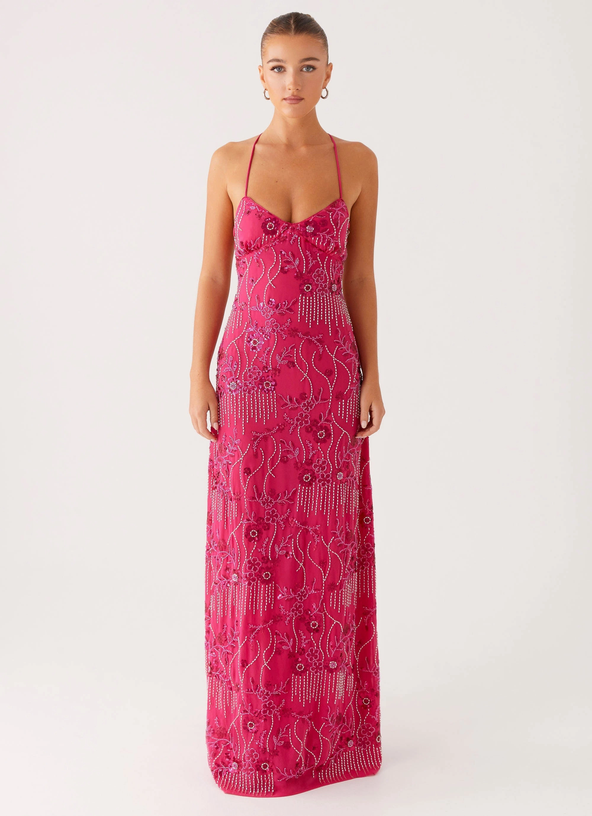 Metallic Finish Smart Layers Vietta Sequin Cami Maxi Dress - Fuchsia